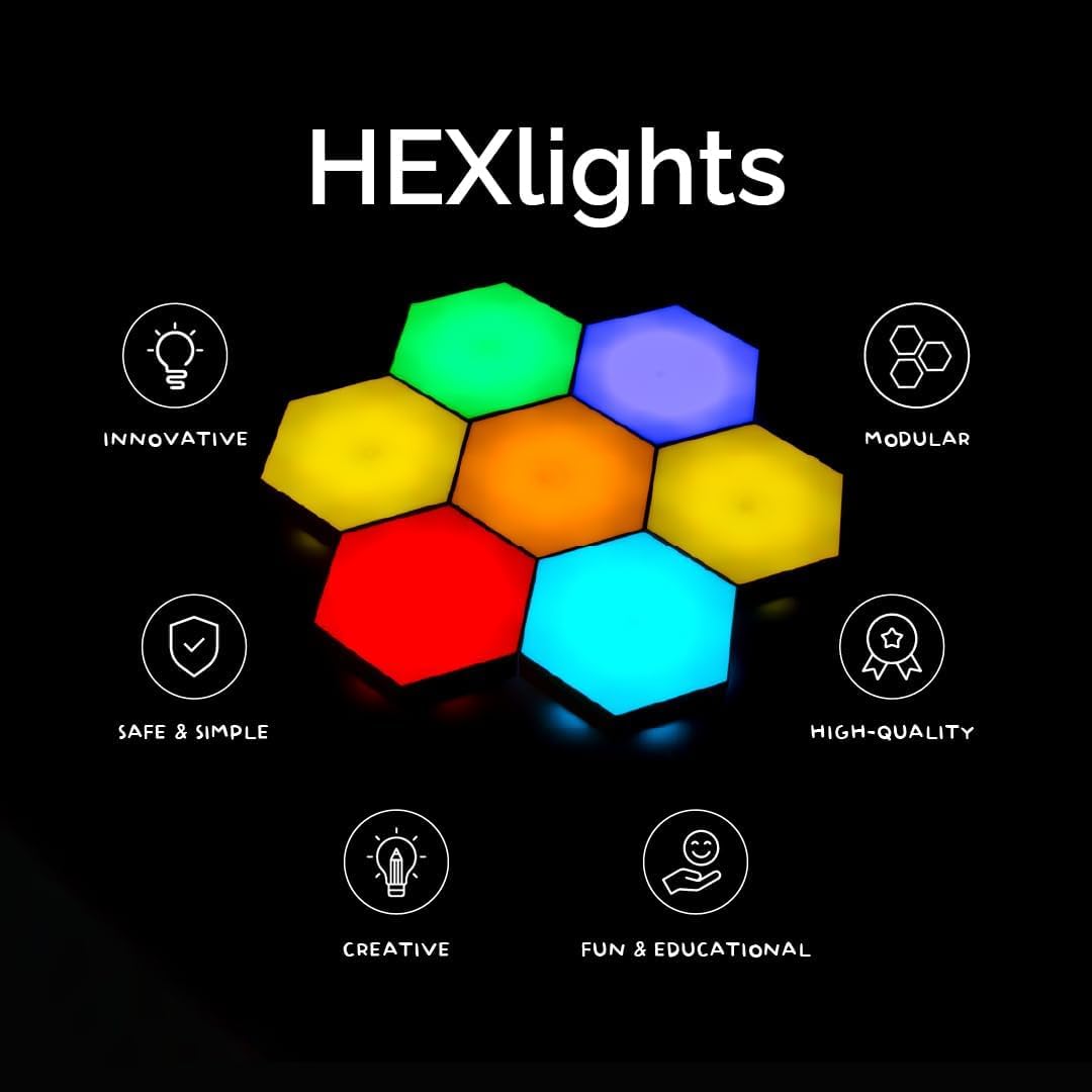 HEXlights Sensory Lights for Autistic Children — 7pk Touch Hexagon Lights, Remote Controlled Light Tiles — Enjoyed by Kids with Autism as a Tap Tap Wall Lights for Sensory Room — Table Stand Included