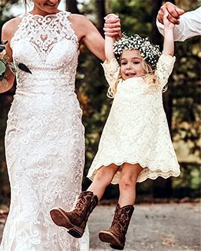 APRIL GIRL Flower Girl Dress Party Dress Toddler lace Boho Princess Dress (6-12month, Flutter Dusty Blue)