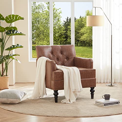 Iroomy Accent Chair for Living Room, Mid Century Modern Armchair with Thick Cushion and Wood Frame, Comfy Reading Sofa Chair for Bedroom, Brown