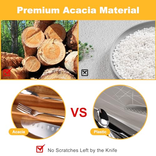 oridom Expandable Acacia Kitchen Drawer Organizer for Cutlery and Utensils, Adjustable Acacia Wood Cutlery Tray in Drawer for Flatware and Silverware in Kitchen, (Acacia)