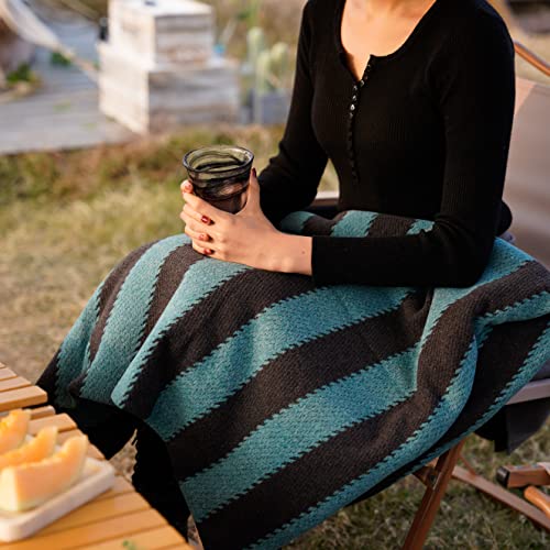 PuTian Merino Wool Blanket - Warm, Thick, Washable, 87" x 63" Large Throw for Outdoors, Camping,Couch, Bed, Travel - Super Soft Wool Blanket (Striped Fire Light Tan)