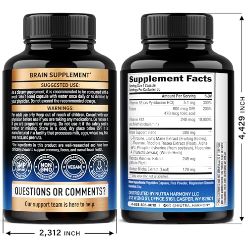 Brain Supplement for Memory & Focus 750 mg - Magnesium | L-Theanine | Bacopa Monnieri | Ginkgo Biloba | Lions Mane - 12in1 Nootropic Complex for Neuro Health - Caffeine-free - Made in USA, 60 Capsules