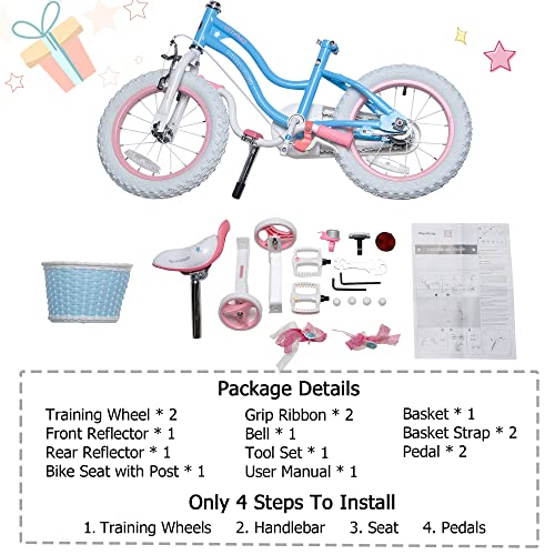 RoyalBaby Stargirl Kids Bike 14 Inch Girls Bicycle for Children with Training Wheels & Basket, Blue