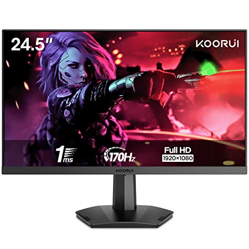 KOORUI 24.5” FHD 1920x1080p VA Gaming Monitor, 170Hz 1ms Monitor, FreeSync Premium, Adaptive Sync, 2xHDMI(144Hz) & DisplayPort(170Hz), sRGB 125%, 75 * 75mm VESA, Tilt Adjustable, Eye Care, Black