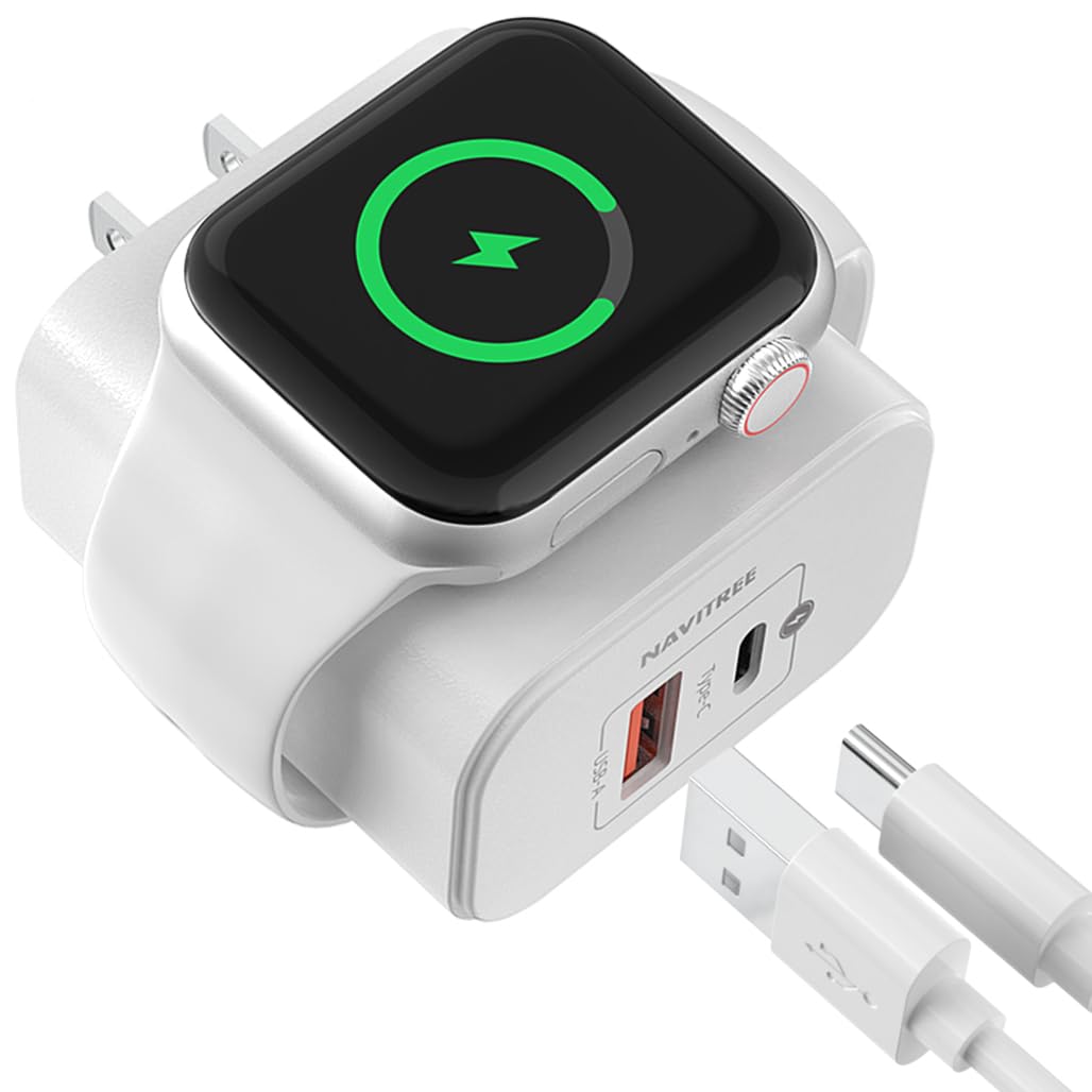 NAVITREE 3-in-1 Charger Block, Built-in Watch Charger, 20W Portable Dual Port Charging Brick USB C Wall Plug, Suitable for Apple Watch 9/8/7/6/5/4/3/2/1/SE/Ultra, iPhone 16/15/14/13/12 Series