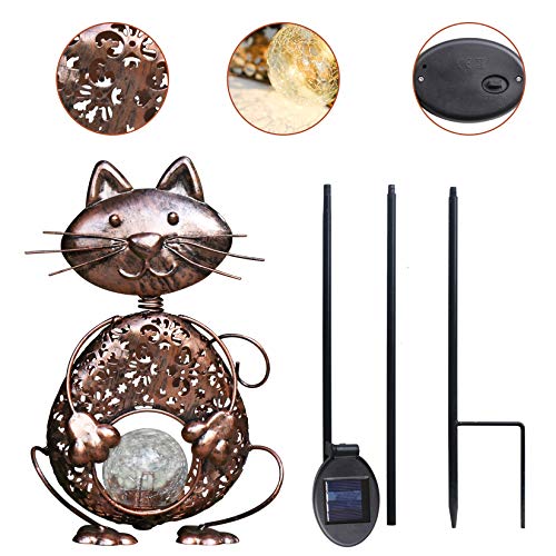 KAIXOXIN Garden Solar Lights Metal Cat Crackle Glass Globe Stake Lights,Waterproof Warm White LED Solar Path Lights (Cat-Bronze)