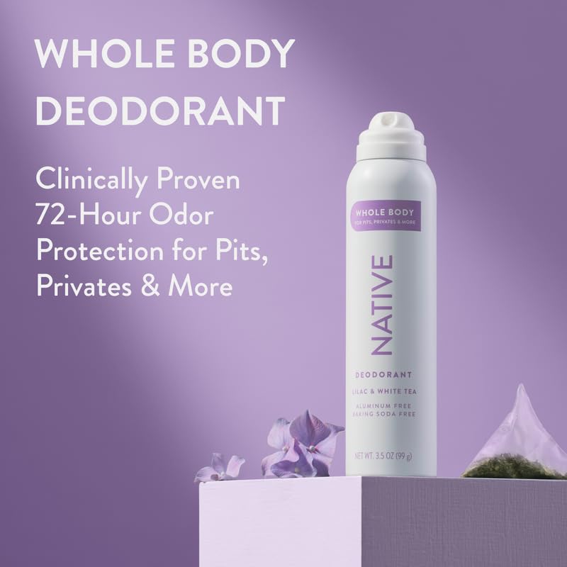 Native Whole Body Deodorant Spray Contains Naturally Derived Ingredients | Deodorant for Men & Women, 72 Hour Odor Protection, Aluminum Free with Coconut Oil and Shea Butter | Lilac & White Tea