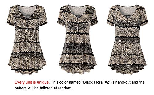 BAISHENGGT Women's Summer Short Sleeve Tops Bavarian Collar Pleated Button Henley Shirt Flared Tunic Shirts Black - Tribal L