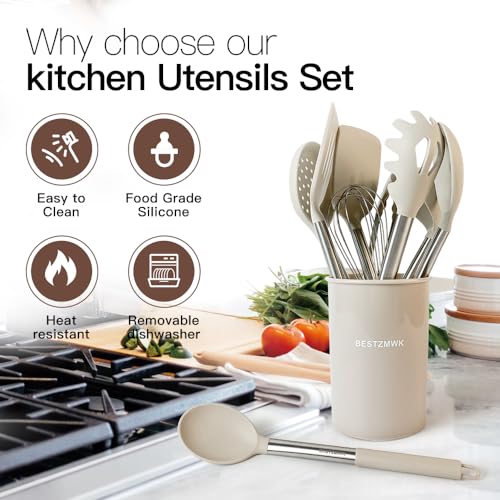 Kitchen Utensils Set-Silicone Cooking Utensils-32pcs Non-Stick Silicone Cooking Kitchen Utensils Spatula Set with Holder-Best Kitchen Cookware with Stainless Steel Handle (Khaki)