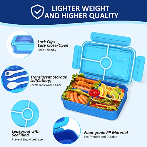 Bento Lunch Box for Kids, 4 Compartment Lunch Boxes Kids, Cutlery Storage Built-in Utensil Set, Leak-proof, Thicken, Microwave/Dishwasher/Freezer Safe, BPA-Free, Blue