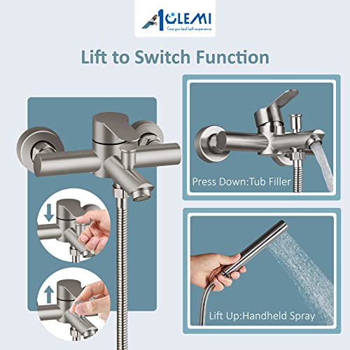 Aolemi Wall Mount Tub Filler Brushed Nickel 6 Inch Center Bathtub Faucet with Handheld Shower SUS304 Stainless Steel Single Handle Shower Mixer Taps with Hand Sprayer