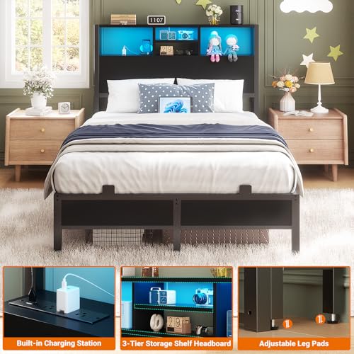 Aheaplus Headboard for Twin Size Bed with Storage, Headboards with Outlets, USB Ports and LED Light, Twin Size Head Board Only, Height Adjustable, Reversible, Sturdy and Stable Headboard, Black