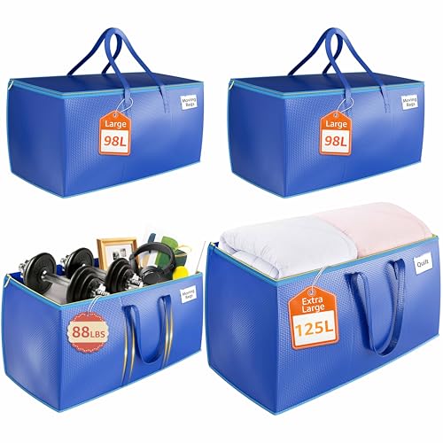 4-Pack Packing Bags for Moving with Handles - Extra Large Storage Bags Heavy Duty, Moving Boxes & Bins Alternative, Blue College Moving Totes for Clothes