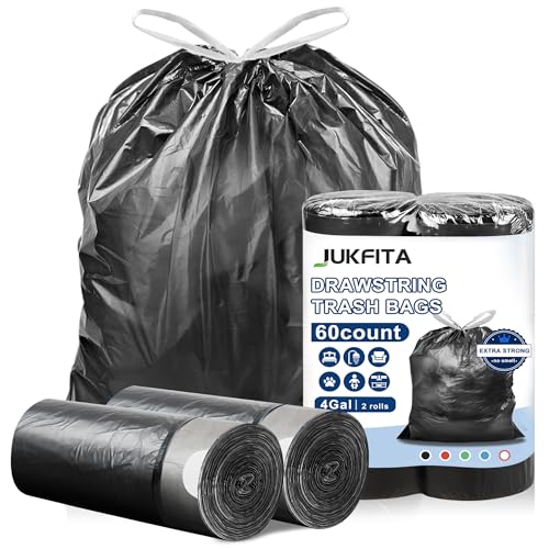 Small Trash Bags Drawstring, JUKFITA Extra Strong 4 Gallon Garbage Bags, Unscented Trash Can Liners fit Bathroom Kitchen Office, Dark 60 Count