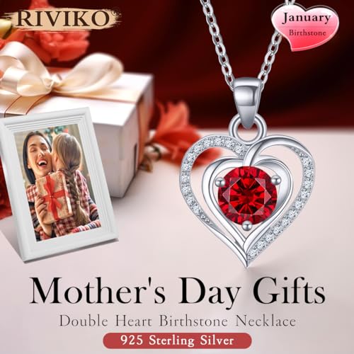 RIVIKO Heart Birthstone Pendant Necklace for Women 925 Sterling Silver Zirconia December Necklaces Christmas Valentine's Day Mothers Day Jewelry Gifts For Her Mother Wife