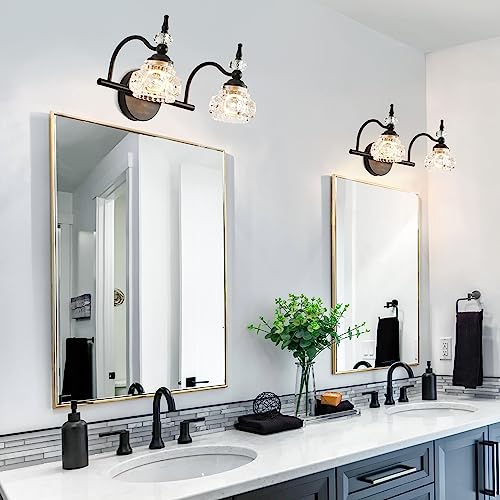 WJShome 2 Light Black Bathroom Vanity Light, Bathroom Vanity Lights Over Mirror, with Fine Chunky Crystal Glass Light Shade for Bedroom Living Room Bathroom Hallway Patio