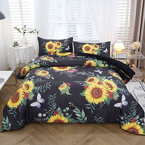 ZRNBAST Aqua Blue Sunflower Comforter Set Twin-3 Piece Butterfly Yellow Floral Bedding Sets-All Season Warmth Ultra Soft Farmhouse Bedding Comforter Sets Twin Size (Twin, Aqua Blue)
