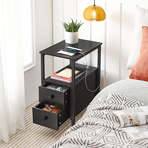 HOOBRO End Table with Charging Station, Narrow Side Table with 2 Drawer & USB Ports & Power Outlets, Nightstand for Small Spaces, Stable and Sturdy, for Living Room, Bedroom, Black BK541BZ01