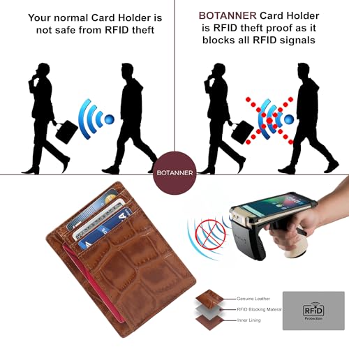 BOTANNER Genuine Leather Slim RFID-Blocking Card Holder – 3 Card Slots, 1 ID Window, 2 Additional Pockets,1 note section Croc-Embossed Design | Unisex (Chestnut)