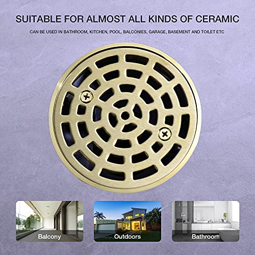 4 1/4 Inch Round Shower Floor Drain Grate with 2 Inch Threaded Adaptor and Drain Base Flange, Brushed Gold