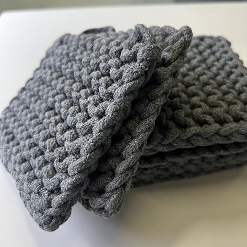 Set of 6 Hand-Made Cotton Coasters with Hanging Rings, Gift for Decoration of Dining Tables and Living Rooms, Super Absorbent Drink Coasters for Various Cups and Occasions, 4.7" x 4.7", Grey