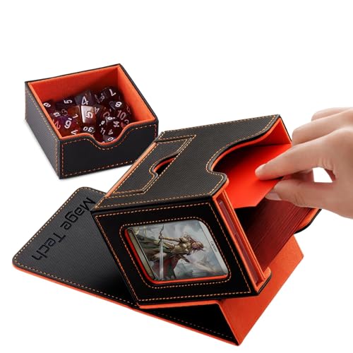 Mage Tech Card Deck Box for MTG Commander - Patented Design, Commander Display, Fits 100 Double-Sleeved Cards, 35pt Card Brick & Dice Tray - Grey/Orange