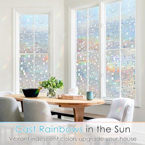 rabbitgoo Window Privacy Film Stained Glass Window Film Mosaic Static Cling Decorative Window Vinyl, Removable Rainbow Window Tint, Non-Adhesive UV Blocking for Home Office, 17.5 x 78.7 inches