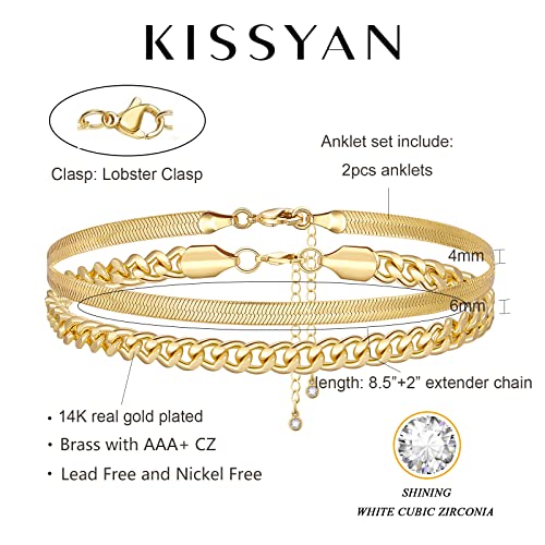 KissYan Gold Layered Ankle Bracelets for Women, Dainty 14k Gold Plated Layering Anklets Set Adjustable Fashion Cuban Link Snake Tennis Chain Ankles Summer Beach Foot Jewelry