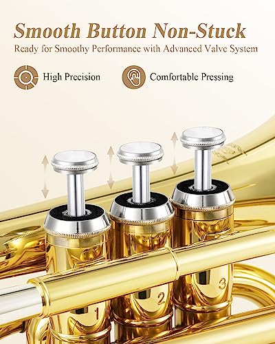 Eastar Pocket Trumpet B Flat Brass Bb Pocket Trumpet with Mouthpiece 7C, Cleaning Cloth, Hard Case, Gloves, Full Kit, Gold Lacquer, ETR-330