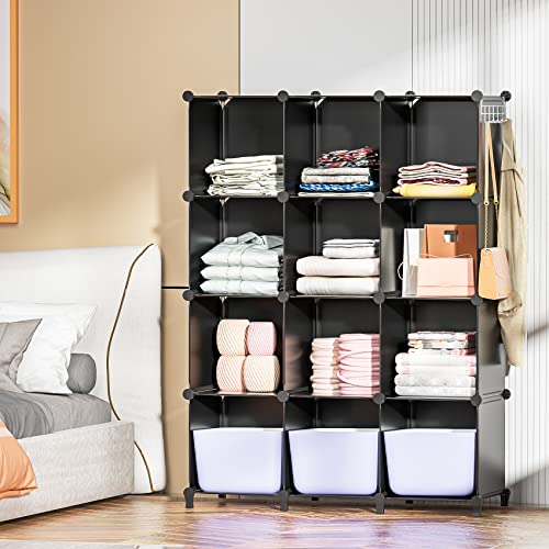 Neprock Cube Shelves, 12 Cubby Storage Organizer,DIY Closet Organizers and Storage Shelves for Bedroom,Stackable Closet Shelves for Clothing Storage,Book Shelf Toy Organizers and Storage, Black