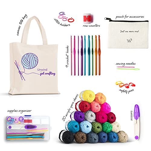 CraftBud 43 Piece Crochet Kit for Beginners Adults and Kids, Small Crochet Set with 9 Crochet Hooks Set and 55 Yards of Yarn for Crocheting Kit, Canvas Tote Bag, Beginner Crochet Kit