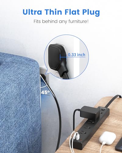 HOPOW Flat Plug Power Strip, 6 Ft Ultra Thin Extension Cord, Surge Protector with 5 Outlets & 3 USB Ports (2 USB C), 1700 Joules, Wall Mount, Desktop Charging Station for Home Office Dorm, Black
