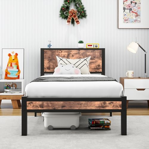 HOMERECOMMEND Full Bed Frame with Charging Station and Storage Headboard,Platform Bed Frame Full Size,Strong Slats Mattress Foundation,Easy Assembly,Black+Vintage Brown