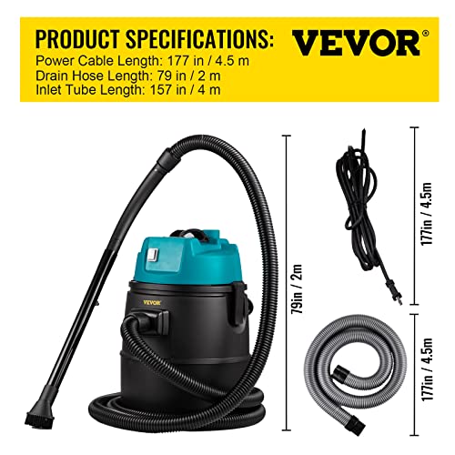 VEVOR Pond Vacuum Cleaner with 1400W Motor, 13ft Intake Hose, 4 Extension Tubes, 15 ft Power Cord, 4 Brush Heads, 4 Nozzles, 6.5ft Drain Hose and Debris Collection Bag for Garden Pond Vacuum Cleaning