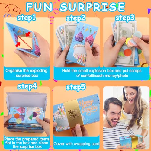 BABORUI Birthday Surprise Box Gift Box for Money, Happy Birthday Surprise Gift Box Explosion with Confetti, Seeroze Exploding Gift Box for Men Women Kids(Blue Birthday)