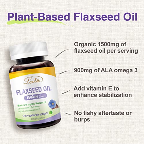 Lovita Organic Cold-Pressed Flaxseed Oil : 1500mg with 900mg ALA Omega-3. Vegan. 180 Softgels