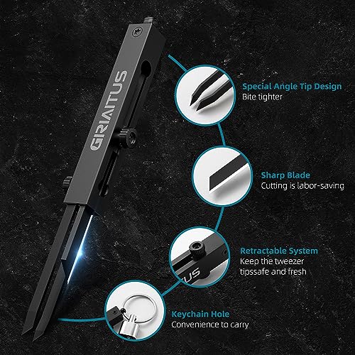 EDC Tweezers Precision Pocket Knife 2 in1 Keychain Multitool Knives Retractable Premium Anti-Static for Splinters, Craft, Jewelry, Soldering, Outdoor, Laboratory Work (Silver)