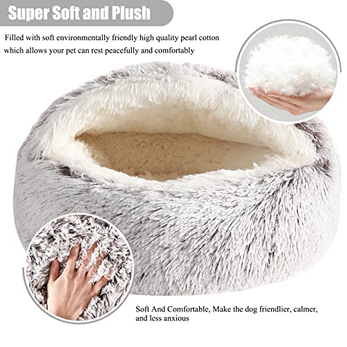 Calming Dog Beds & Cat Cave Bed with Hooded Cover,Removable Washable Round Beds for Small Medium Pets,Anti-Slip Faux Fur Fluffy Coved Bed for Improved Sleep,Fits up to 15/25 lbs (Small,20"x20")