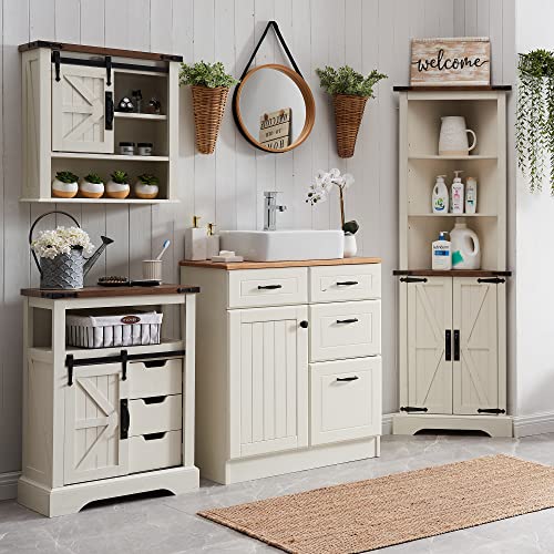 OKD Bathroom Floor Cabinet, Farmhouse Storage Cabinet with Sliding Barn Door & Storage Drawers, Small Storage Cabinet for Bathroom, Kitchen, Living Room, Antique Brush White