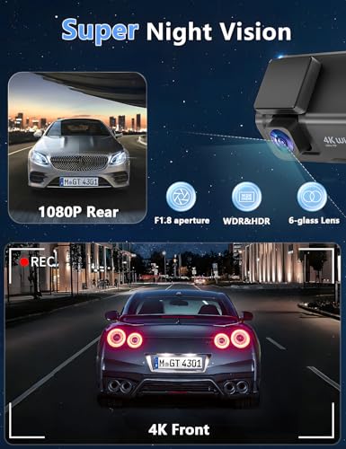 Dash Cam Front and Rear Camera, 4k+1080P WiFi Dual Dash Cam with APP, 3’’ IPS Dash Camera for Cars with Free 64GB Card, Otovoda Dashboard Camera with Night Vision, 24/7 Parking Monitor, WDR