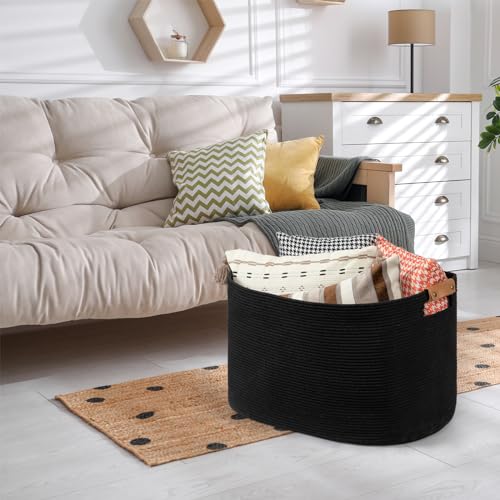 anpinera Extra Large Blanket Storage Basket 25.20’’x16.14’’x16.14’’, Large Rectangle Blanket Basket for Living Room, Woven Rope Storage Organizer Laundry Baskets Bin, White/Pink
