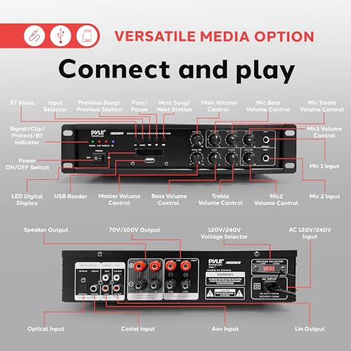 Pyle Bluetooth Home PA Mixing Amplifier - 500W Home Audio Rack Mount Stereo Power Amplifier Receiver w/FM Radio, Digital LED Display, USB/AUX/Mic, Optical/Coaxial, AC-3, 70V/100V Output - PMX3500PH