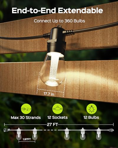 JACKYLED Upgraded 27FT Outdoor String Lights,Patio Lights Plug-in Waterproof LED String Lights for Outside, End-to-End Connectable 12 Bulbs 2 Fuses, Commercial Hanging Lights for Yard