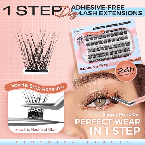 LASHVIEW Self Adhesive Eyelashes,D Curl Press On Lash Clusters Kit Pre Glued Eyelash Clusters with Applicator,No Glue No Remover Needed DIY Lash Extension Kit 10-16mm (N01 60Pcs)