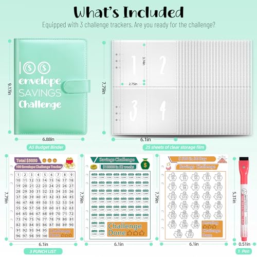 100 Envelopes Money Saving Challenge, A5 Savings Challenges Book Budget Binder with Cash Envelopes Erasable Tracker, Easy and Fun Way to Save $500 $5050 $10000 (BGreen)