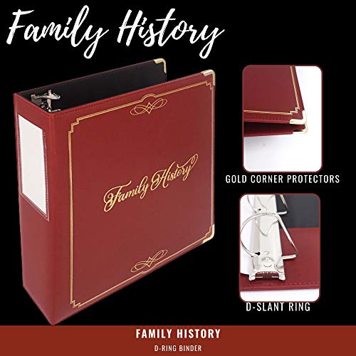 Performore Family History/Genealogy 3 inch Ring Binder, Burgundy, Stitched Padded Cover with Gold Corners and Artwork, Includes Pen Loop