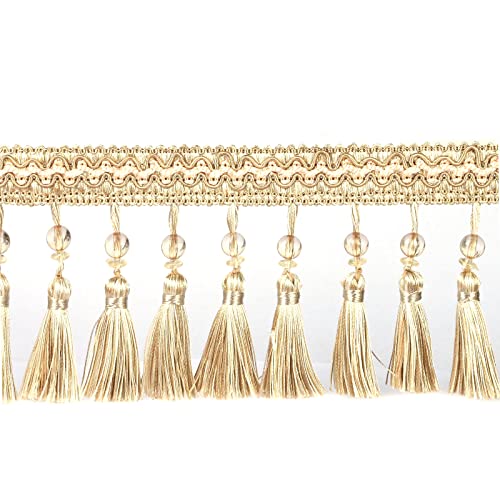 Fenghuangwu 6.5 Yard Beads Tassel Handmade Fringe Trim Ribbon Trimming, 11Cm/4.3Inch Diameter Hand Knitting Tassel Fringing Trimmings for Decor, DIY
