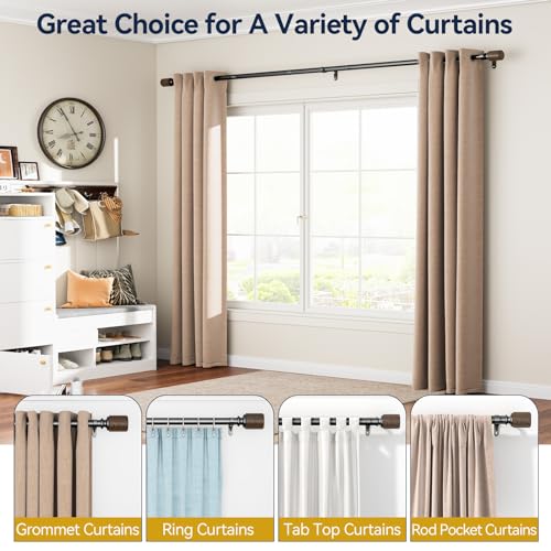 Heavy Duty Curtain Rods for Windows 32 to 56 Inches, 1 Inch Diameter Curtain Rod Set with Easy Installation, Adjustable Length Drapery Rods with Wood Finials (Black)