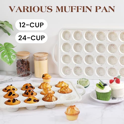 AOTASO Silicone Muffin Pans For Baking Mini Nonstick Cupcake Pan 24 Cups Silicone Cupcake Molds With Metal Reinforced Frame Bpa Free (1 Pc, Cream)