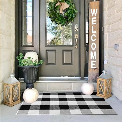 IOHOUZE Buffalo Plaid Checkered Rug -24" x36“ Front Door Mats, Washable Rug for Front Porch Decor, Spring Summer Welcome Mats Outdoor, Black White Rug for Farmhouse/Entryway/Home Entrance